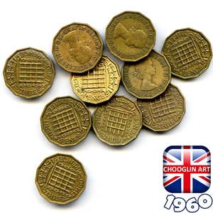 Satz (x10) britische 1960 Elizabeth II THREEPENCE 3d Münzen, 65 Jahre alt! - Bild 1 von 1