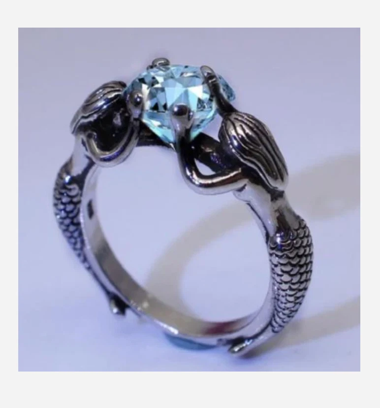 SILVER MERMAID RING WITH LIGHT BLUE GEMSTONE RING SIZE 5 6 7 8 9 10 - Image 1 of 1