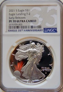 2021 S American Silver Eagle Proof T-2 NGC PF70 Eagle Landing Early Releases - Picture 1 of 3