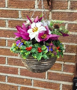 Artificial Hanging Basket Flowers Christmas Plants Trailing Festive Ivy Leaf Pot - Picture 1 of 13