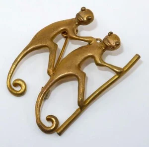 Vintage Gold Tone Pair of Monkey Pendant, Brooch or Pin, 1 3/8" x 1 3/4" - Picture 1 of 4