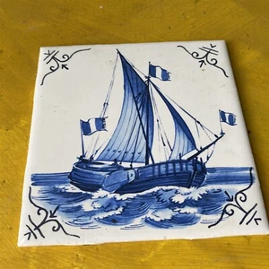 Vintage Blue White Tile Sailing Ship TK Bermuda Made in England 4" square - Picture 1 of 6