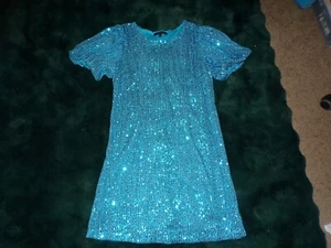 Ellen Weaver Size Large Blue Sequin Dress Puff Sleeve Mini - Picture 1 of 8