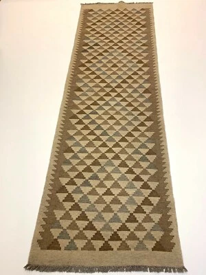 Undyed Handmade Afghan Brown Beige Natural Wool Kilim Runner  Area Rugs 76x242cm - Image 1 of 4