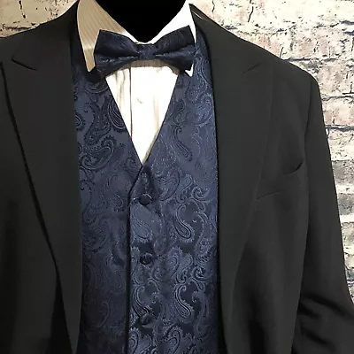 Navy blue Paisley Vest Waistcoat & Bow tie Formal Wedding Prom Tuxedo Suit 2pcs - Image 1 of 4
