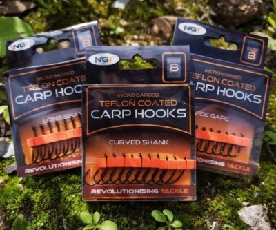 10 NGT CARP HOOKS TEFLON COATED MICRO BARBED HOOKS WIDE GAPE LONG CURVED SHANK - Image 1 of 4