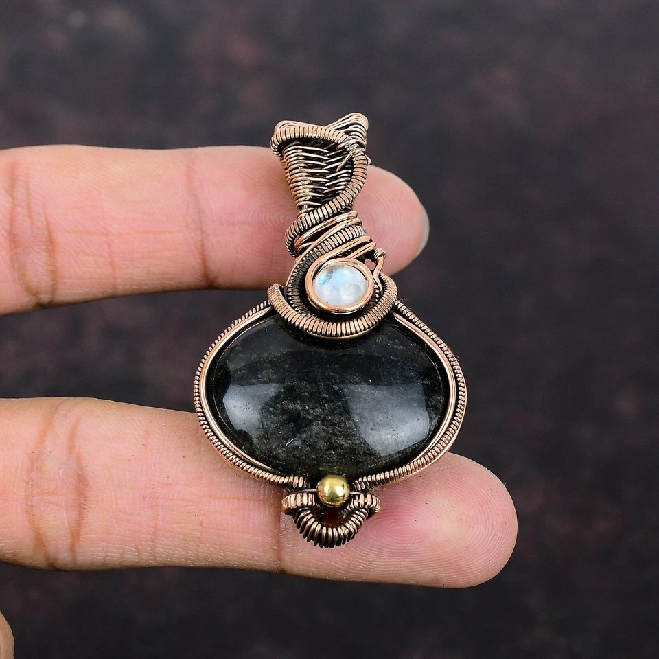 Colgante envuelto en alambre de cobre obsidiana brillo plata regalo día mujer 2,36" Foto 1 de 4