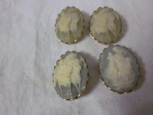 4 Green blue cream embossed Woman in horse drawn carriage oval shank buttons - Picture 1 of 5