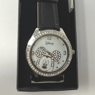 Disney Mickey Mouse Women's Watch Rhinestone Bezel Black Strap New - Image 1 of 4