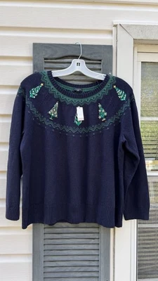 NWT Talbots Gorgeous Navy Green Beaded Christmas Trees Sweater 2XP - Image 1 of 4