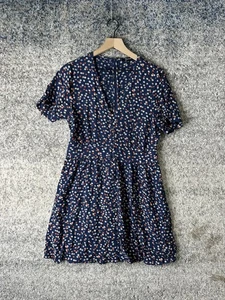 Madewell Dress Womens 8 Navy Blue Floral V-Neck Button Front Short Sleeve Mini - Picture 1 of 8