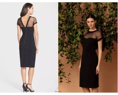 MAGGY LONDON Black Sheer Illusion Yoke V-Back Crepe Cocktail LBD Dress 8 = M 🖤 - Image 1 of 4