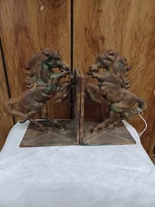 Pair Iron Rearing Horse 7" Bookends Splotched Green Brown, Japan - Picture 1 of 5