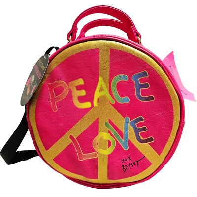 Betsey Johnson Lunch Box Tote Insulated Crossbody Pink Peace Love Circle 11x11x5 - Image 1 of 4