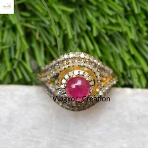 Anillo de piedras preciosas de rubí de diamantes pavé 925 plata maciza oro vermeil joyería hecha a mano - Imagen 1 de 6