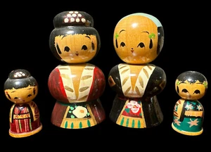 Kokeshi handbemalt Holz Wackelkopf Mann Frau Junge Mädchen japanisch 4er Set Vintage - Bild 1 von 9