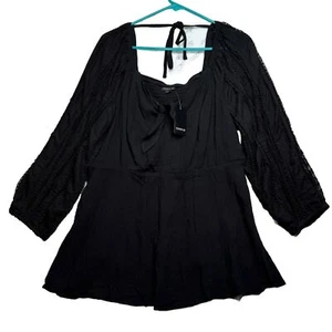 Torrid Blouse size 1 Off Shoulder Lace Puff Sleeve Black Bow Tie Smocked Boho - Picture 1 of 6