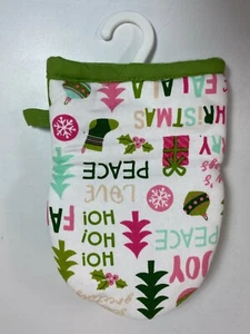 Christmas Oven Mitt Shorty 8" Peace Joy Fa La La Ho Ho Ho Green & Pink New - Picture 1 of 4