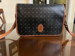 Pollini Logo Vintage Black Brown Monogrammed Leather Crossbody Shoulder Bag - Picture 1 of 10