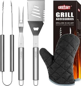 GRILLART Grill Tools Utensils Set - 3PCS BBQ Tools, Stainless Black - Picture 1 of 7
