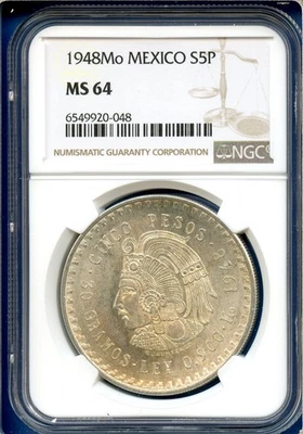 Moneda de 5 pesos de plata 1948 Mo México NGC MS64 S5P Cinco pesos Cuauhtémoc MS-64 Foto 1 de 3