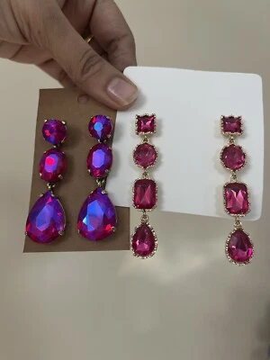 Fuchsia Earrings Lot Crystal Gold Tone Dark Pink Ab Magenta 2 Pairs Pierced - Image 1 of 4