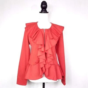 Fever Bright Red Orange Ruffle Front Full Zip Long Sleeve Jacket Size Medium - Picture 1 of 7