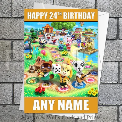 MARTYN & WELLS Animal Crossing birthday card. 5x7 inches. Personalised, plus envelope.