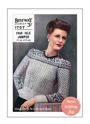 1940's Ladies Two Colour Fair Isle Sweater Knitting Pattern Copy - Image 1 of 2
