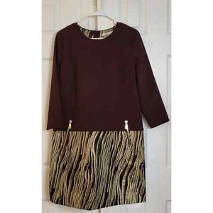 Abito Beatrice .b Marrone e Tubino Oro Manica 3/4 Made in Italy - Taglia Large - Foto 1 di 5