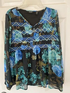 DuJour by QVC Boho-Stil Damen blau/grün schwarz Blumenmuster Top Größe Small - Bild 1 von 6