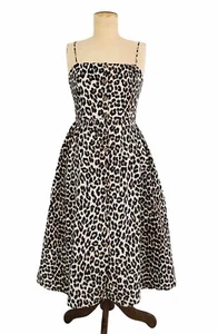 H&M Linen Cotton Dress Size S - 10 approx Leopard Print Fit Flare Shirring Back - Picture 1 of 8