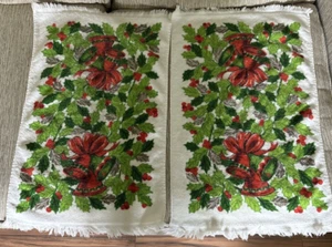 Vintage 2 Sun Glo Christmas Dish Towels Bells Fringed 24" x 15" Pre-Owned - Picture 1 of 6