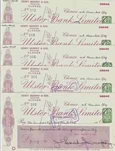 SCHECKS. KONVOLUT 6 ULSTER BANKSCHECKS, Co. MONAGHAN . 1939.  (LOT 38) - Bild 1 von 1