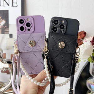 For iphone Samsung Cover Crossbody Camellia Wallet Portable Card Slot Phone Case - Picture 1 of 10