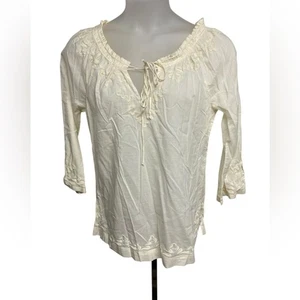Lucky Brand cremefarbene gesmokte Bluse mit Bindeband vorne 100 % leichte Baumwolle Medium neu mit Etikett - Bild 1 von 3
