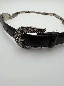 Vtg BRIGHTON Women's M Silver Leather Belt Hearts Braided Chain Western Cowgirl - Picture 1 of 9