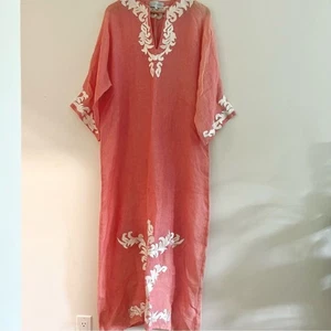 Tashia London Embroidered Pink Kaftan or Maxi Dress w White Scroll Embroidery L - Picture 1 of 13