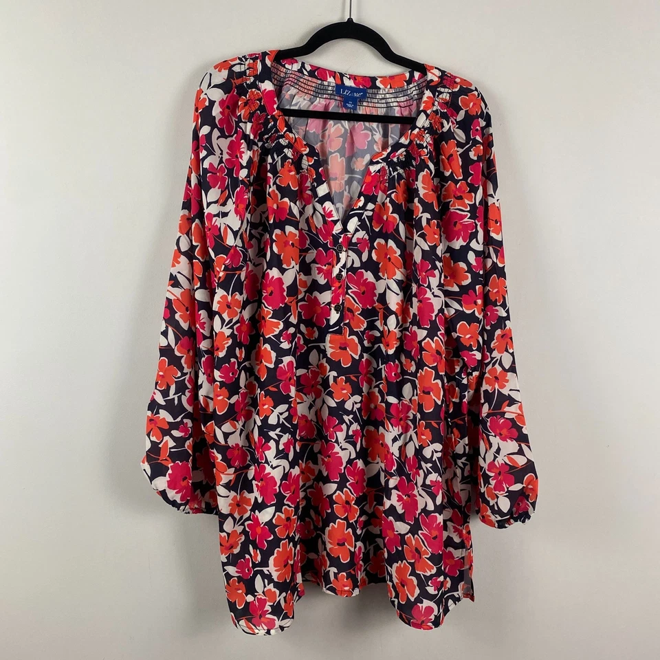 Liz & Me цветочный крестьянин блузка размер 2 X Georgette поповер темно-синий многоцветный - Изображение 1 из 4