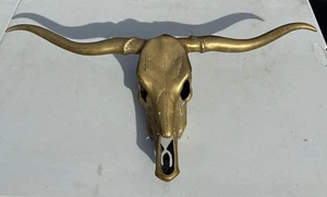 Mid Century Solid Brass Longhorn Steer Skull Head Horns Wall Sculpture Cow Bull - Picture 1 of 5