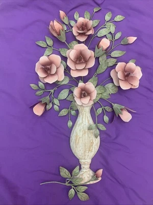 Metal Wall Hanging 3D Pink Rose Boquet Sculpture-Les Fluers Roses In Wooden Vase - Image 1 of 4