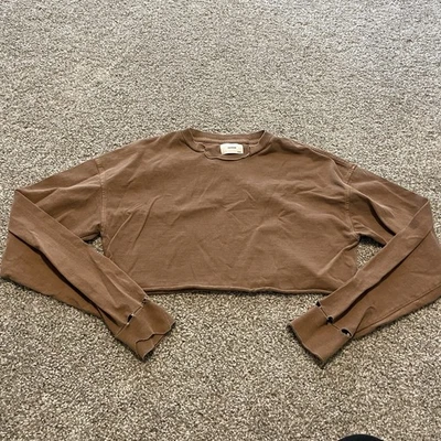 Camisa Joah Marrón Slouchy Recortada Manga Larga Distress OS Cómoda Ropa de Salón Informal Foto 1 de 4