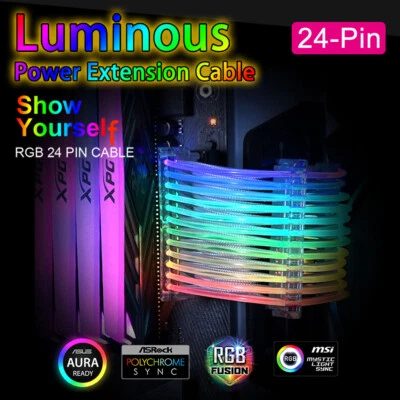 24-Pin RGB Luminous Power Extension Cable 240mm LED Addressable 3-Pin 5V RBW ATX - Image 1 of 4