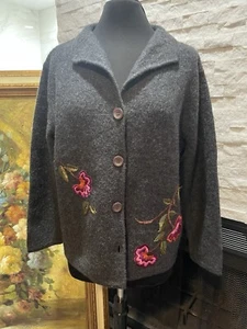 Vtg Eagles Eye Wool Sweater Cardigan Womens Size Large Embroidered Floral Button - Picture 1 of 12
