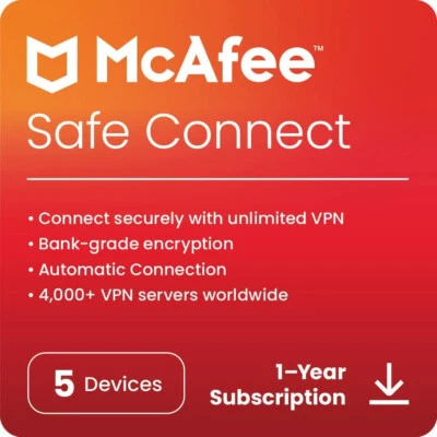 McAfee Safe Connect Unlimited VPN Internet 2025 Privacy Software 5 Device 1 Year - Image 1 of 4