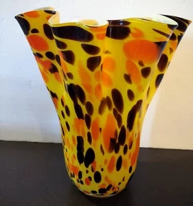 TALL WIDE  10X8" Ruffled Swirl Confetti Art Glass Vase Vivid Clean UNIQUE HVY PQ - Picture 1 of 5