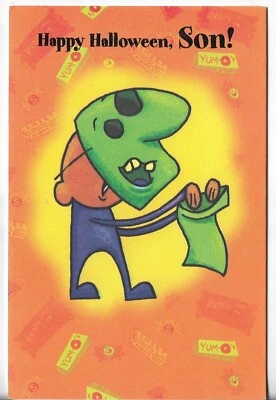 NUEVA TARJETA HALLOWEEN 5.5x8 Feliz Halloween, ¡HIJO! Niño con máscara verde Foto 1 de 3