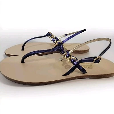 Vera Pele Italian Made Purple Leather Champagne Sandal US 7 Gold 129$ MSRP - Image 1 of 4