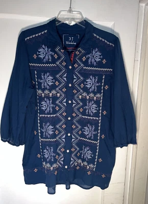 Blusa Camisa Johnny Was 3J Workshop Azul Bordada Botones Talla M. c838 Foto 1 de 4