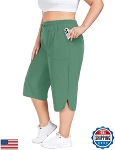 FOREYOND Womens Plus Size Capris Pants Quick Dry Loose Casual Workout Pants w - Picture 1 of 5